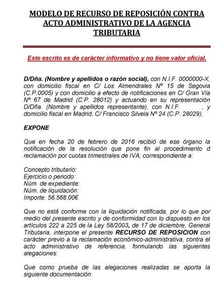 Modelo de recurso de reposición contra acto agencia tributaria - Abogados  en Madrid